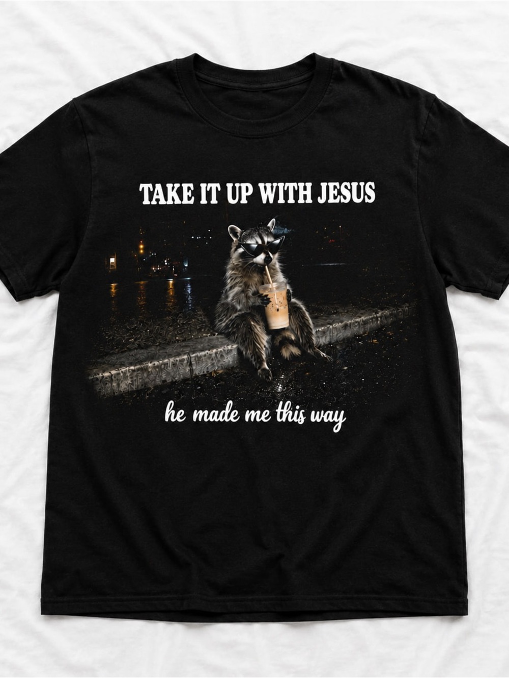 Gildan Black Short-Sleeve Tee with Raccoon Graphic and Slogan